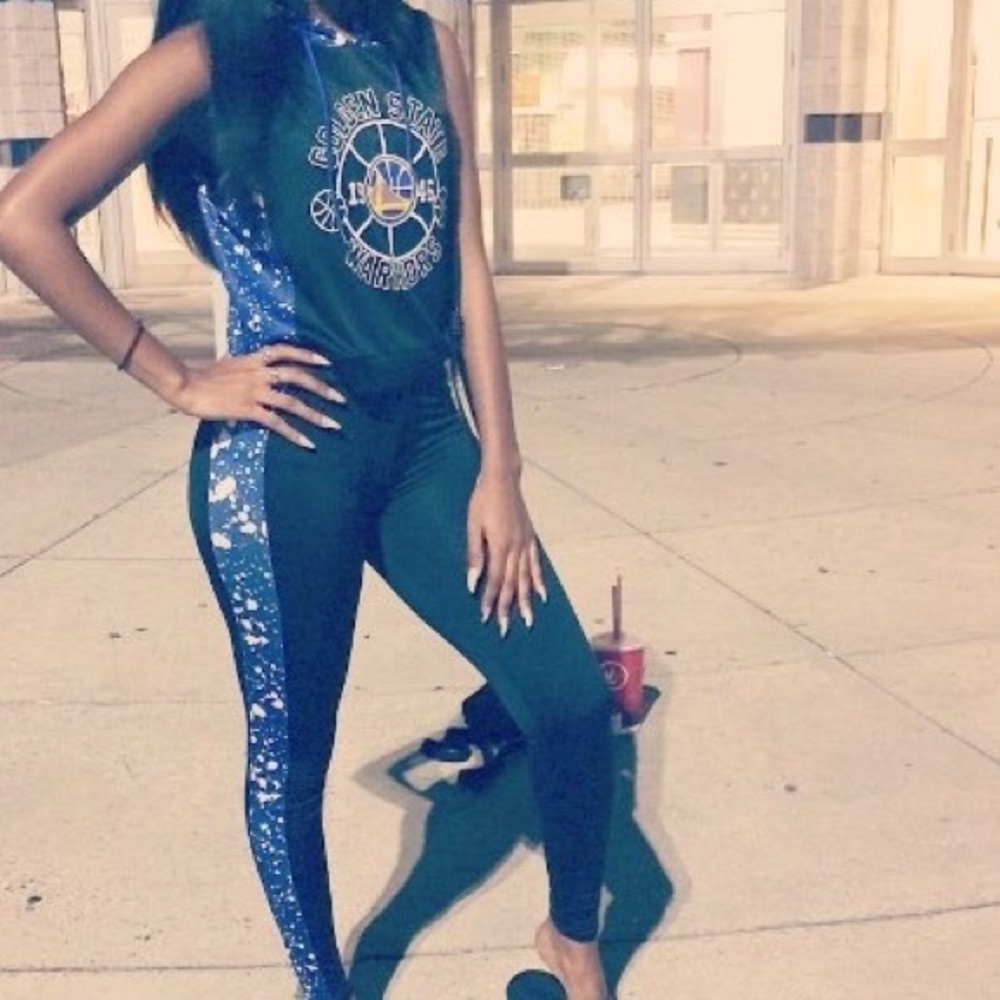 A two piece golden state warriors outfit.